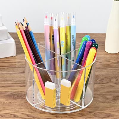 Вращающийся на 360 градусов держатель для ручек Прозрачный настольный органайзер для карандашей с 4 отделениями Акриловая подставка для маркеров для офиса, дома, школьных принадлежностей