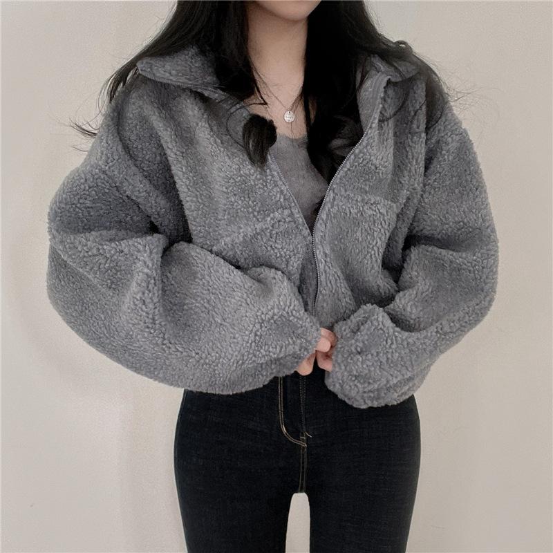 Fleece Hoodie Thickened Warm Women Zippe Sweatshirts No Hood Women'S Stand Collar Short Loose Plush Coats Winter Zipper Jackets