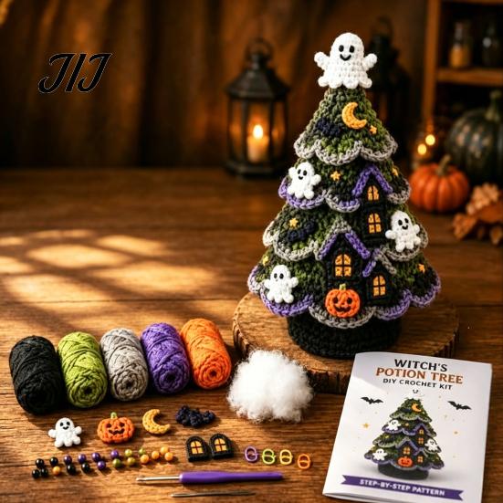 Crochet Supplies with Tools Halloween Tree Kit, DIY Black Cat Pumpkin Witch Beginner Friendly Yarn Craft Hat Ghost Crafting Kit for Holiday
