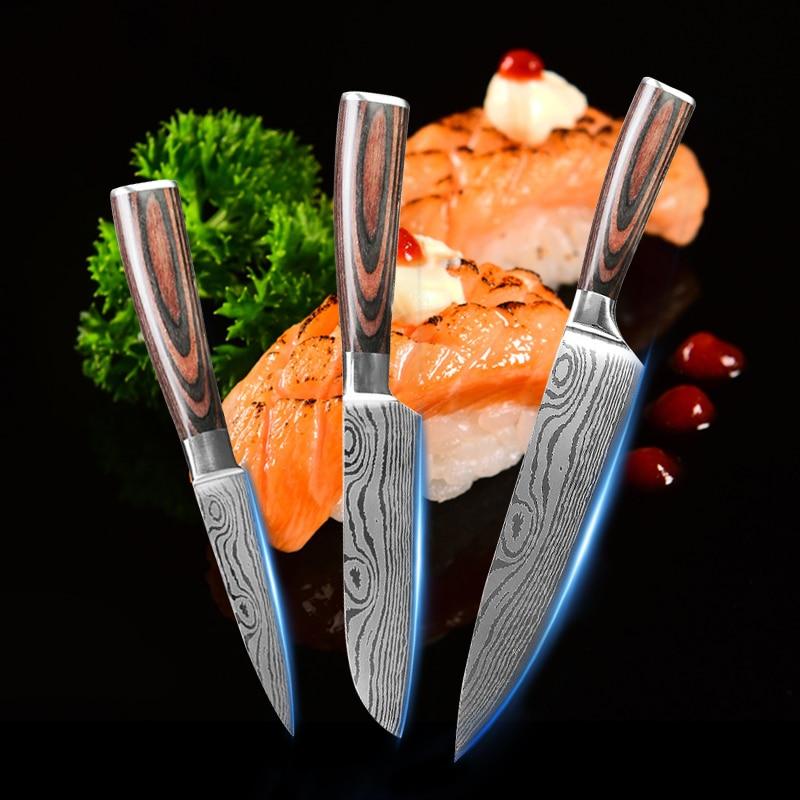 Japanese Chef's Knife Set 3 Pieces Damascus Steel Pattern Kitchen Knives Set Meat Cleaver