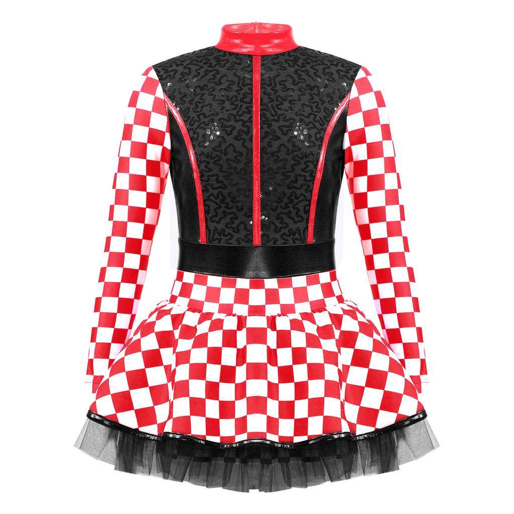 Детский костюм гонщика для девочек, клетчатый комбинезон гонщика с блестками, костюм для косплея на Хэллоуин, нарядное платье