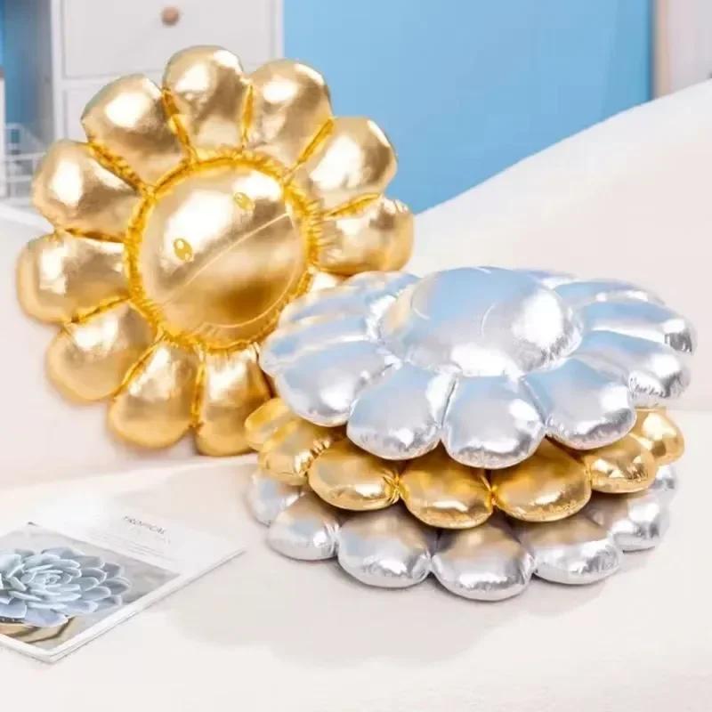 Silver Flower Cushion,Sunflower Plush Pillows for Bedroom Aesthetic, Soft Smiley Face Pillow Flower Floor Cushion