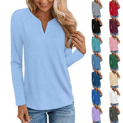 Женская мода однотонный длинный рукав рукав плунжер V-образный вырез повседневный топ