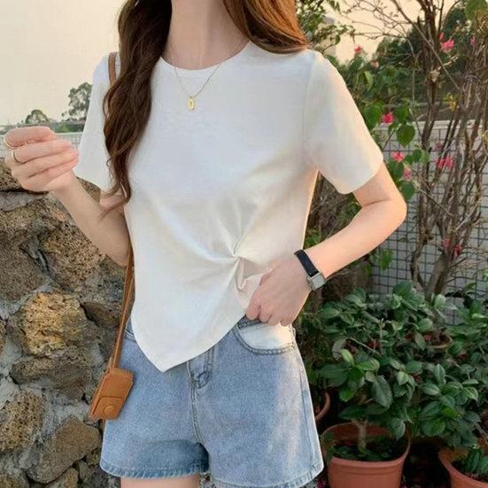 Женская футболка с нерегулярным подолом, сплошной цвет, декор с узлом, круглая шея, короткая