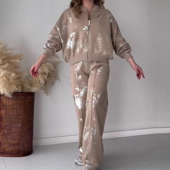 2 шт./компл. женский костюм с воротником-стойкой на молнии с длинными рукавами эластичные манжеты с блестками пальто с эластичной резинкой на талии толстые широкие брюки осенне-зимний спортивный костюм