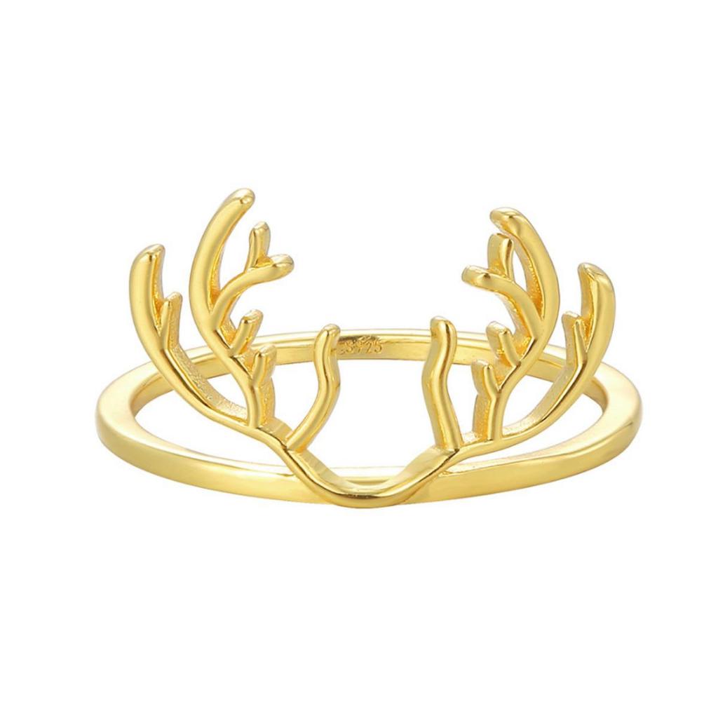 SR0010 Christmas Sterling Silver Antler Ring, Women's Niche Design, Ins Style Jewelry in Gold