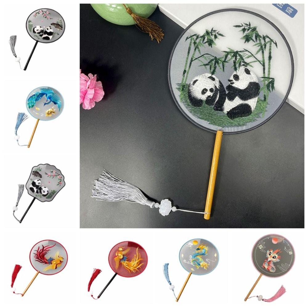 Creative Embroidered Silk Fan Cute Panda Embroidery Round Fan  Home Decorations