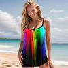 Women's Shoulder Strap Swimsuit Dark Rainbow Print Bikini Tankini Swimsuit