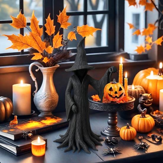 Halloween Witch Statue Gothic Enchanting Witch Figurine with Pumpkin Resin Tabletop Ornament for Haunted House Home Decor