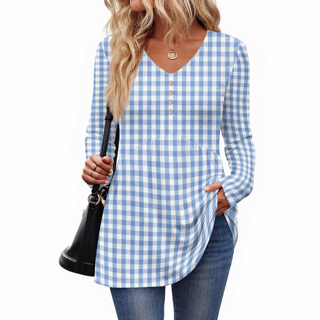 Женский повседневный модный топ с V-образным вырезом, на пуговицах, в клетку, с длинным рукавом