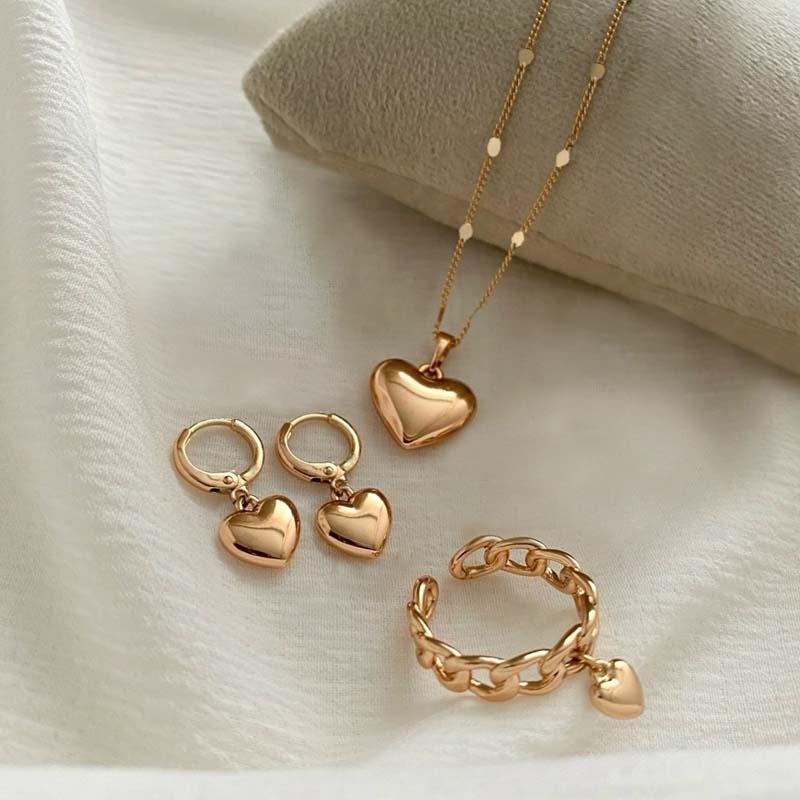 4Pcs/Set Vintage Gold Color Love Heart Pendant Earrings Necklace Ring Set For Women Simple Metal Smooth Earrings Jewelry Gift