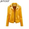 BITCED Короткая кожаная куртка на весну/осень для женщин, приталенная, с воротником, байкерская куртка с косой молнией