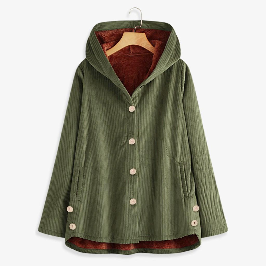 Plus Size Women Winter Warm Solid Button Pockets Thicker Hooded Coat Outwear