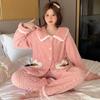 Women's Sweet Style Long Plush Cardigan Pajama Set Autumn Winter Warm Homewear