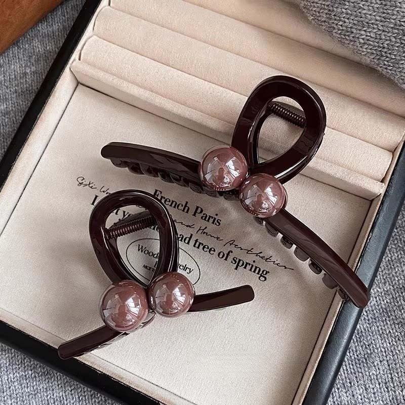 Vintage Coffee Round Bead Hair Claw for Women Girls Exquisite Plastic Shark Clip Big Hair Grab Headwear Jewelry Accessories