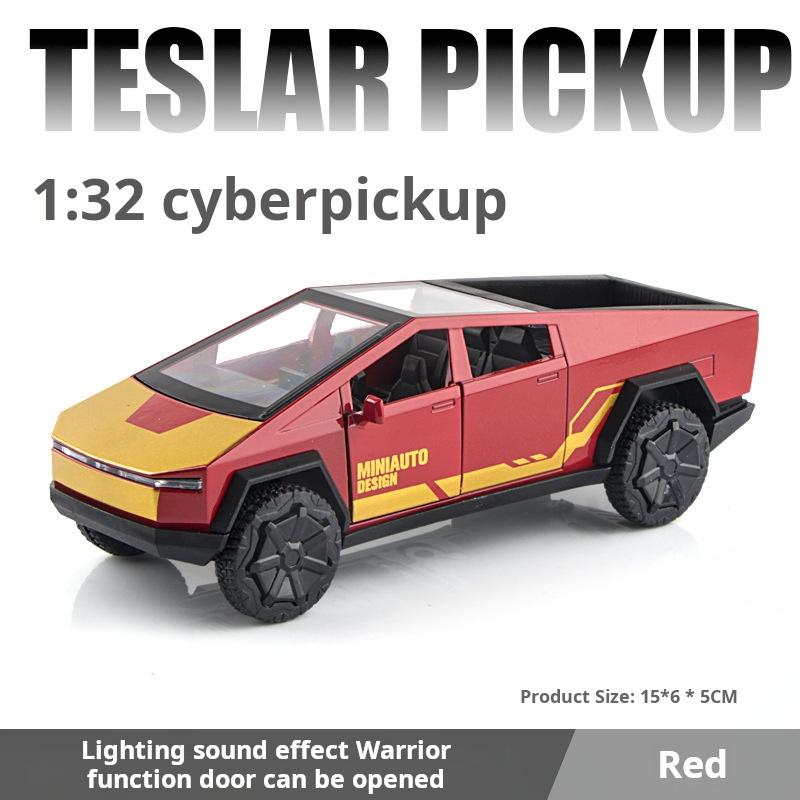 1:32 Tesla Pickup Truck Alloy Model Children's Car Toy Pull-Back Sound Light Two-Door Car Die Casting Toy Festival Gift