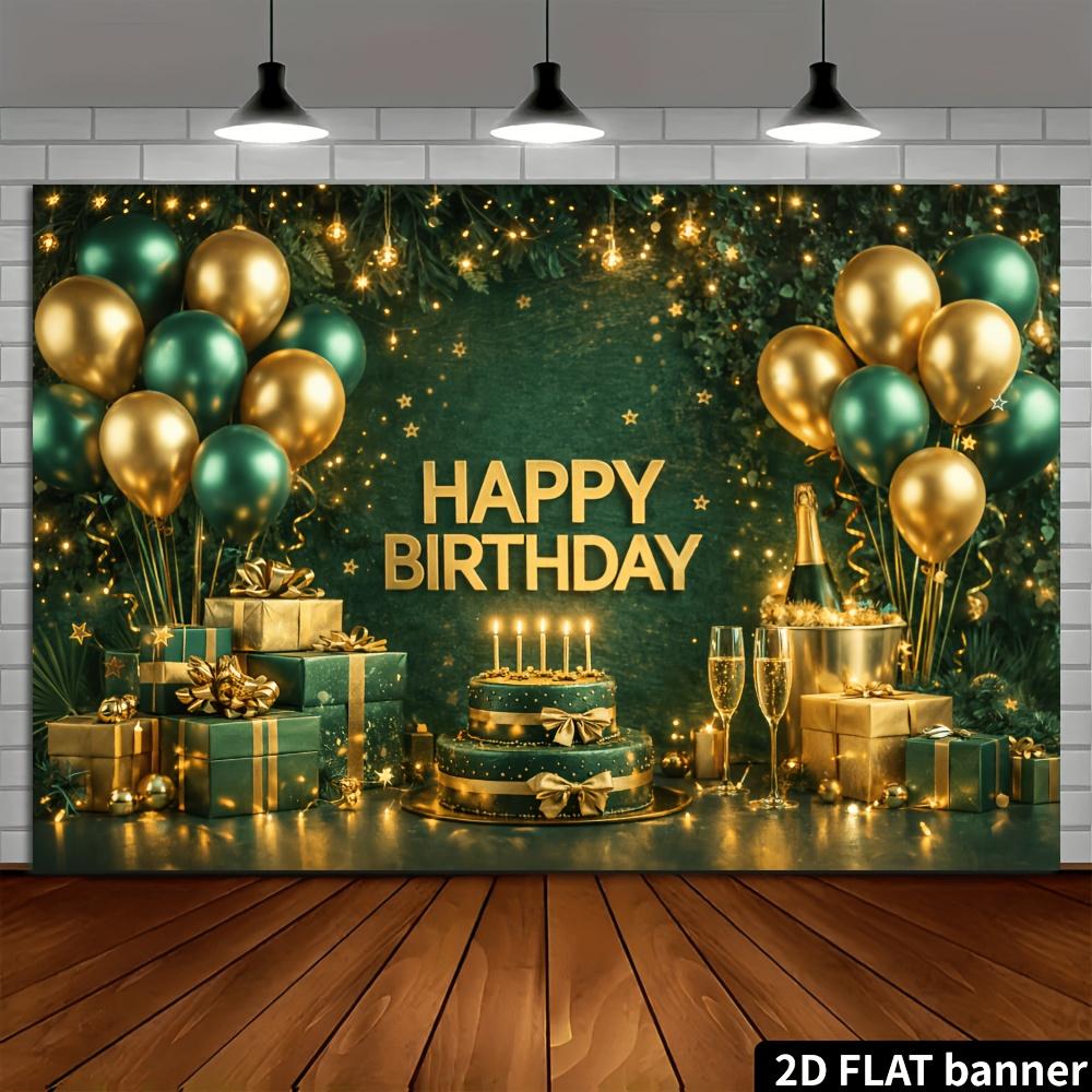 2D planar dark green birthday-themed background fabric with golden lettering design