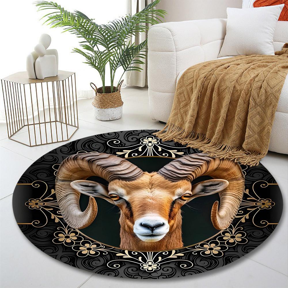 Ram Head with Floral Patterns Print round rug, living room, bedroom, playroom carpet, non slip floor mat, gift