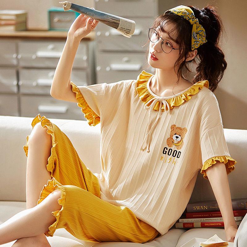 Capris Short Sleeved Pajamas for Women In Summer Cotton Cartoon Cute Casual Home Clothing Set