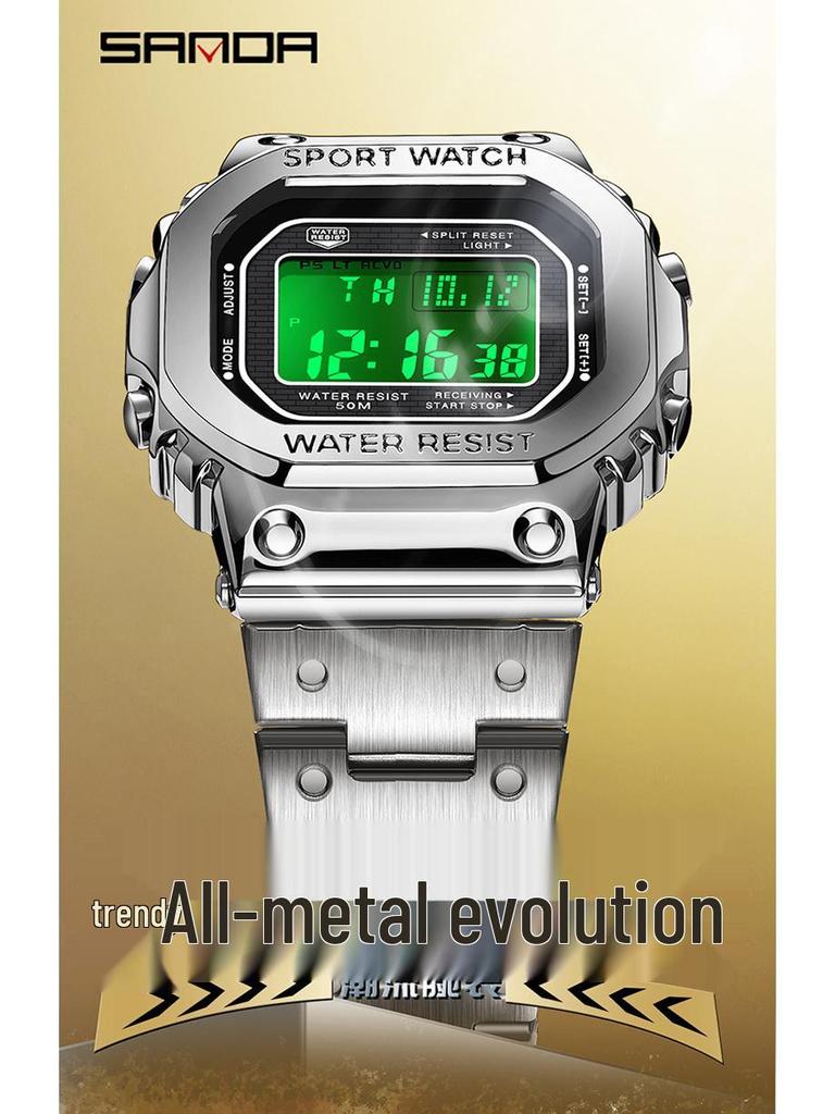 Мужские квадратные водонепроницаемые электронные часы Sanda с модной подсветкой и будильником.