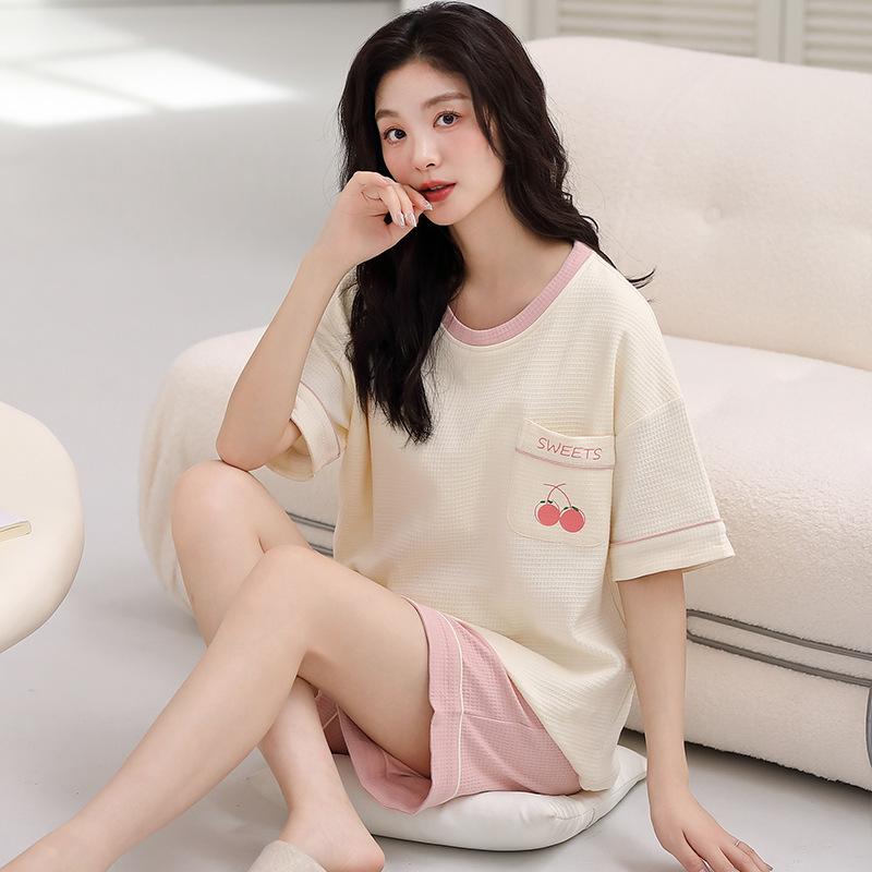Пижама женская из чистого хлопка с короткими рукавами, студенческий пуловер с рисунком из хлопка, корейская версия, женская домашняя одежда