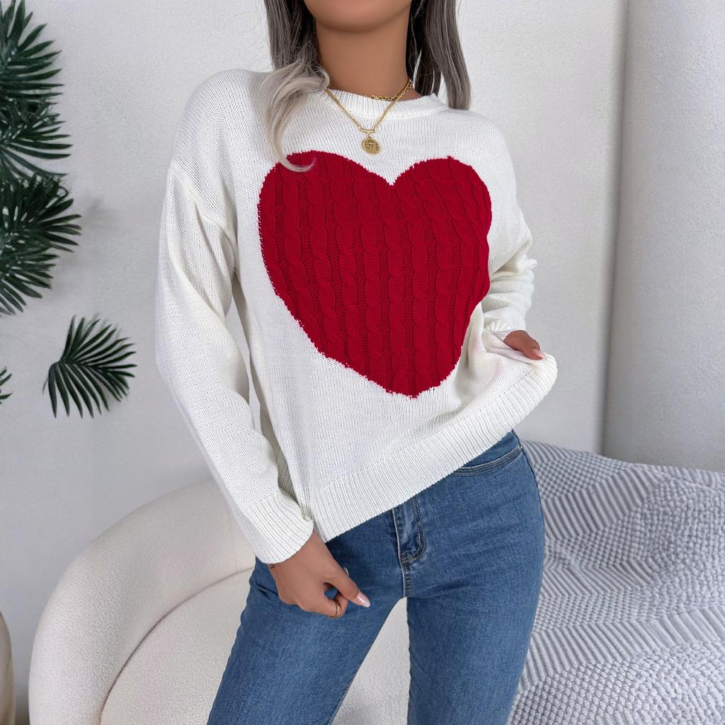 Women's Fashionable Round Neck Long Sleeved Heart-shaped Color Blocked Pullover Sweater Casual Top