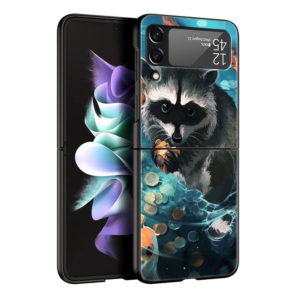 Hard PC Phone Case For Samsung Galaxy Z Flip 7 6 5 4 Black Cover For Galaxy Z Flip 3 Foldable Shockproof Cute Animal Raccoon Bag