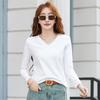 Новая весенне-осенняя свободная повседневная футболка с V-образным вырезом и длинными рукавами, женский однотонный хлопковый топ для базового слоя