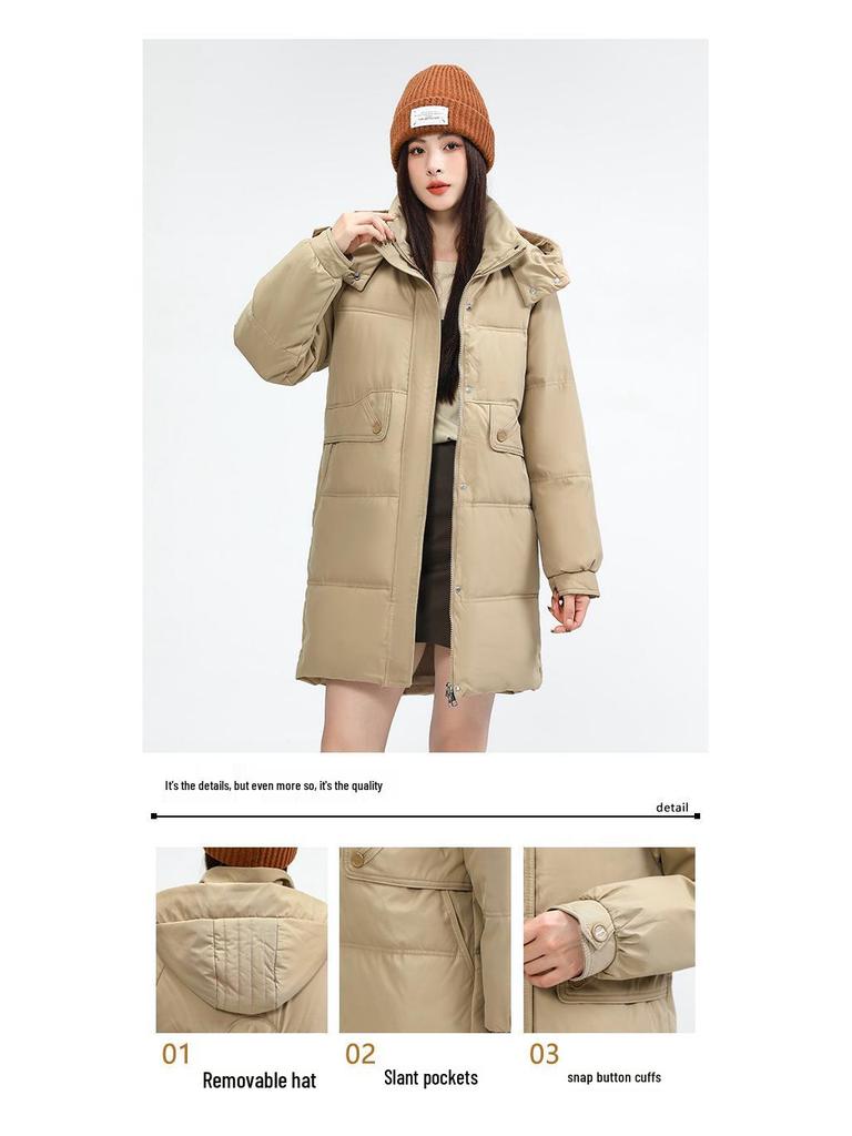 Женское зимнее пальто средней длины с капюшоном, в корейском стиле, универсальное, утолщенное хлопком с пухом, теплая верхняя одежда для среднего и молодого возраста.