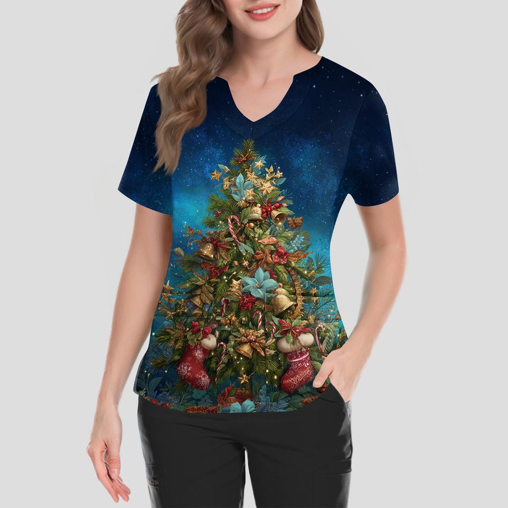 Женская футболка с коротким рукавом, рождественским принтом, V-образным вырезом, на пуговицах сбоку и разрезом