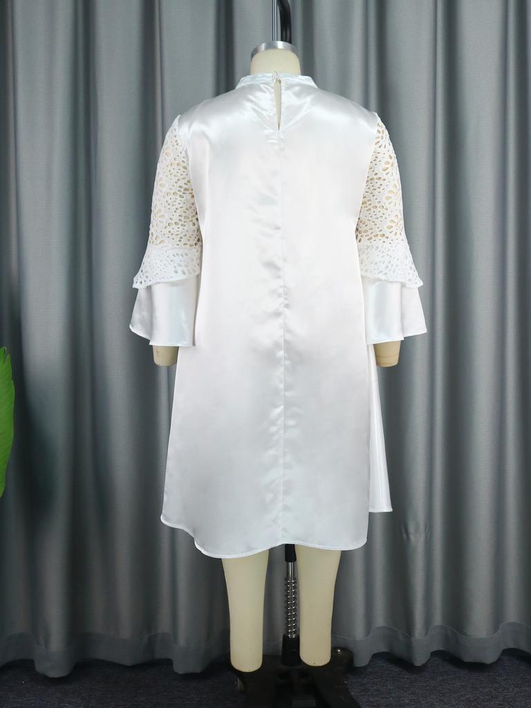 AOMEI Белые повседневные атласные платья для женщин, осенние кружевные лоскутные платья с короткими рукавами, уютные скромные элегантные африканские женские офисные новые платья