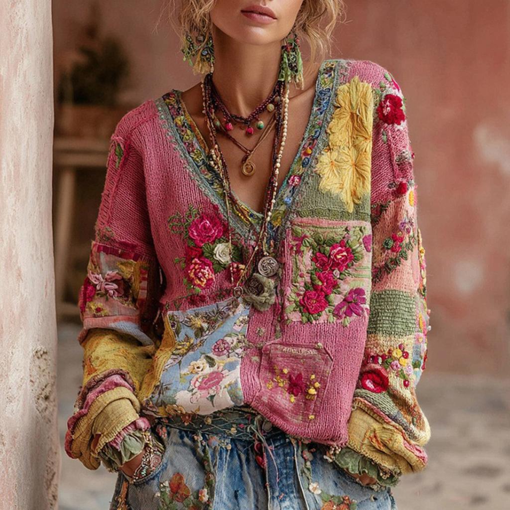 Women's Fashion Long-Sleeve V-Neck Vintage  Patchwork Floral Print Casual Top