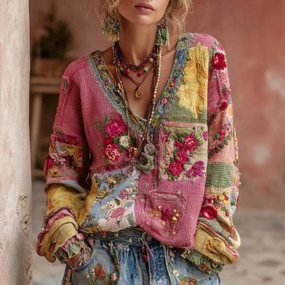 Женская мода Топ с длинным рукавом, V-образным вырезом, винтажный, пэчворк, с цветочным принтом, повседневный