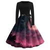 Women's Casual Long Sleeve Round Neck Vintage Halloween Print Midi Dress with Waist Tie Belt Retro Style