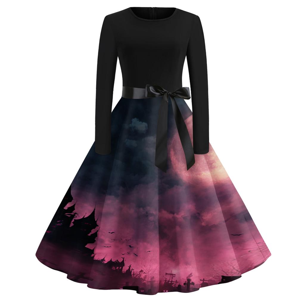 Women's Casual Long Sleeve Round Neck Vintage Halloween Print Midi Dress with Waist Tie Belt Retro Style