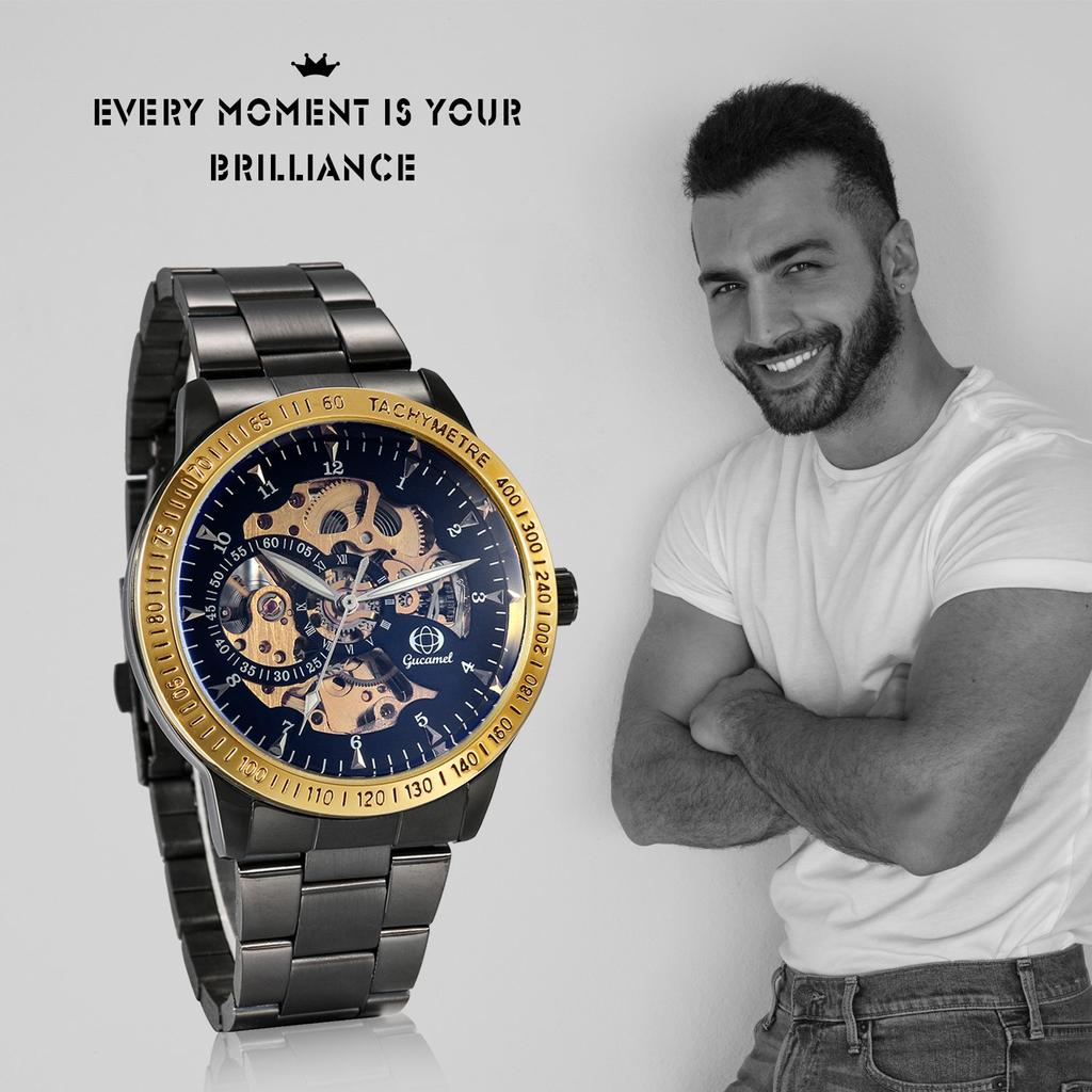 JewelryWe Автоматические скелетонированные аналоговые часы из нержавеющей стали для бизнеса, популярные подарочные мужские часы на день, стильные, водонепроницаемые, с цифрами, с ремешком, повседневные, черные,