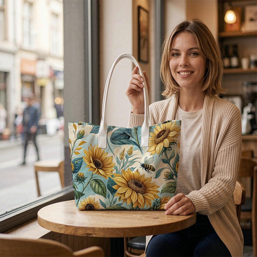 Sunflower Bee Pattern Women's Casual Tote Bag Portable Daily Handbag