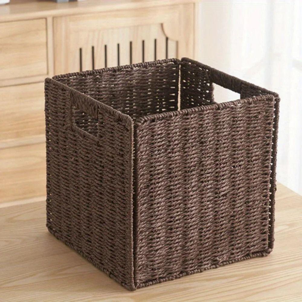 Square Imitation Rattan Basket Hand Woven Woven Storage Bin Simple Sundries Organizer  Closet
