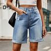Летние женские джинсовые шорты со средней талией, длиной до колена, эластичные, повседневные, широкие, прямые, потертые, с манжетами, короткие джинсы с карманами