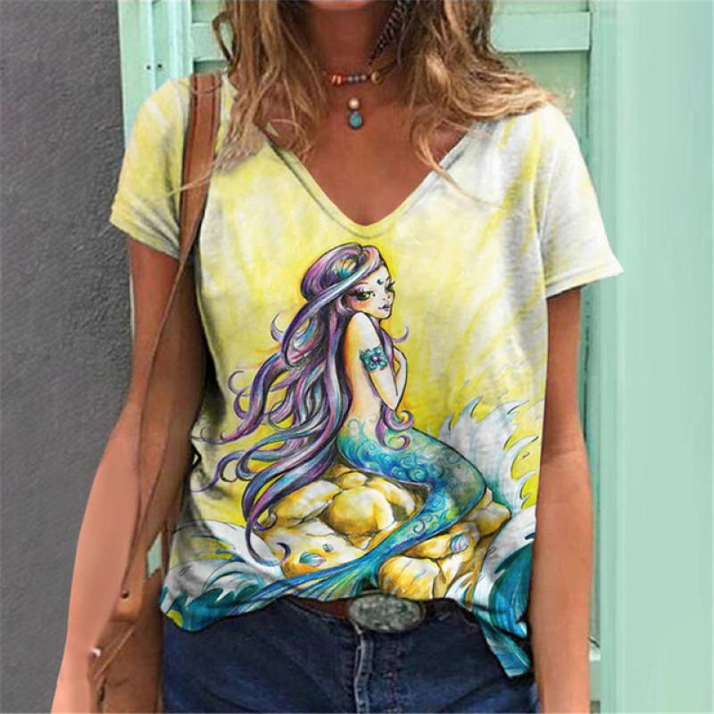 Lightweight Mermaid Digital 3D Print T Shirts Women Versatile Pullover Short Sleeve Summer Casual V-Neck Female Harajuka Tops