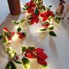 2 Meter Artificial Poinsettia Christmas Garland with Red Berries and Holly Leaves with LED String Lights For Christmas Decoration