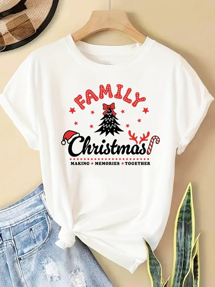 (Asian Size) New Year T Clothing Short Sleeve T-shirts Print Merry Christmas Letter 90s Trend Cute O-neck Women's Top Fashion Holiday Graphic Tee