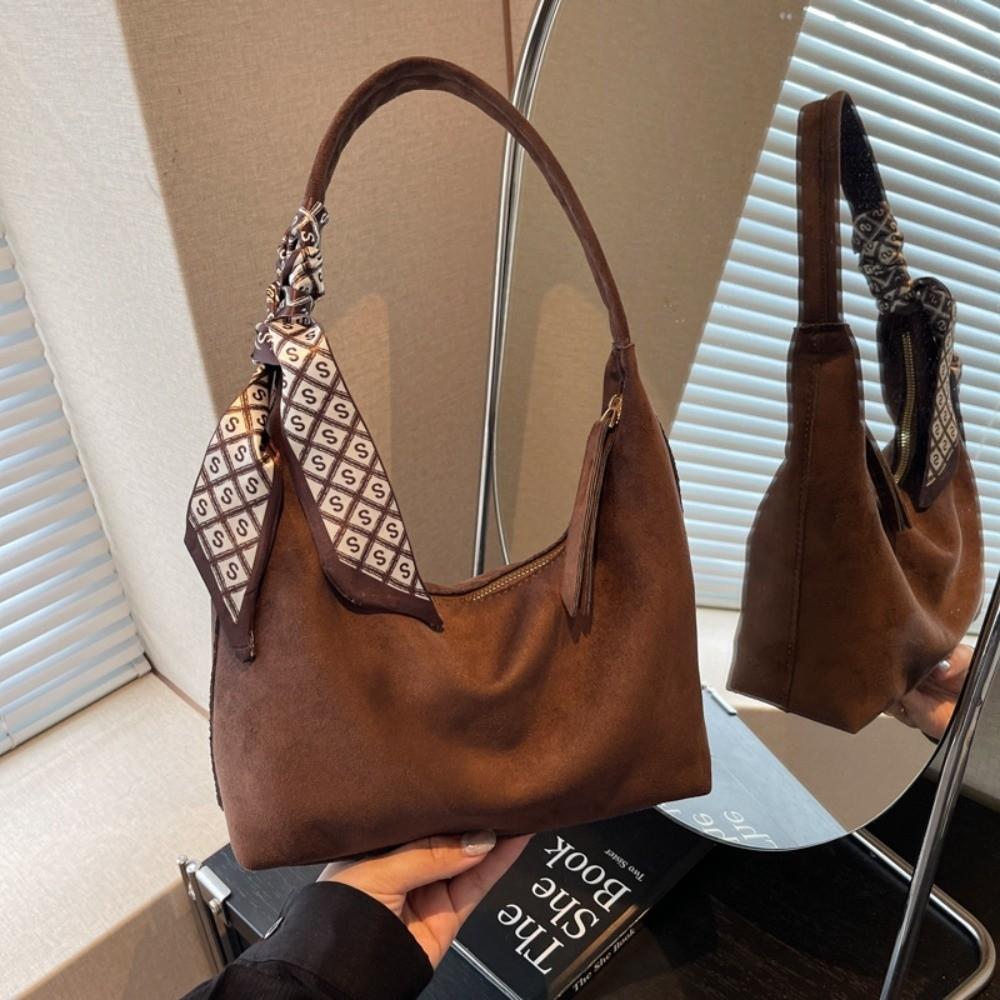 Fashion Faux Suede Underarm Bag Solid Color with Silk Scarf Decoration Shoulder Bag with Zipper Daily Use Tote Bag Women