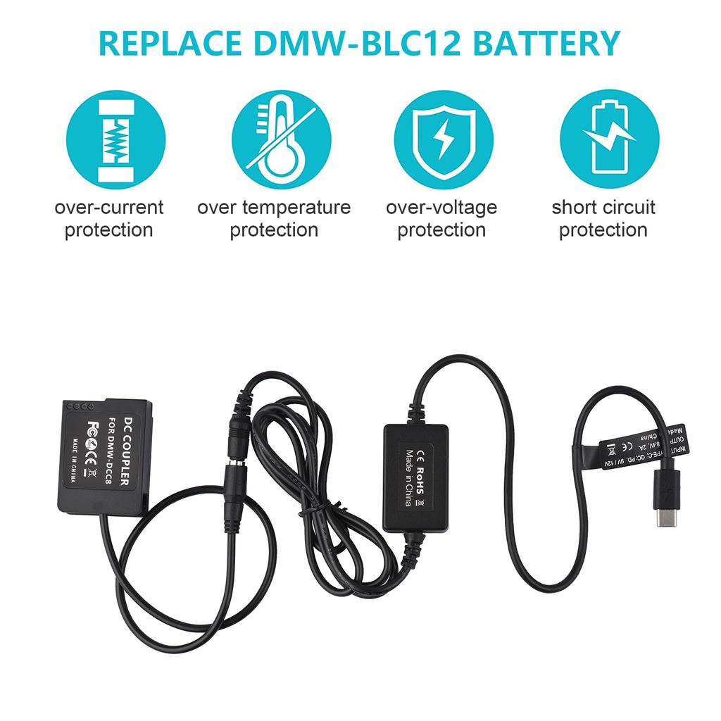 PD USB Type-C Cable To DMW-DCC8 Dummy Battery DC Coupler DMW-BLC12 Replacement for Panasonic LUMIX