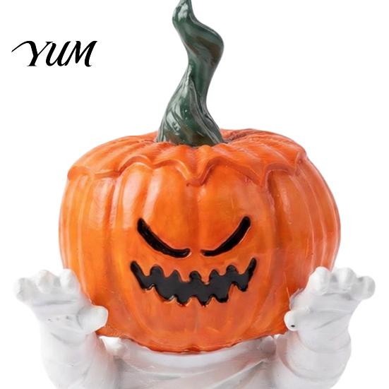 Cute Spooky Home Decor Pumpkin Head Mummy Statue, Funny Halloween Decorations, Sitting Ornaments Resin Figurine for Desktop Shelf Sitter Outdoor