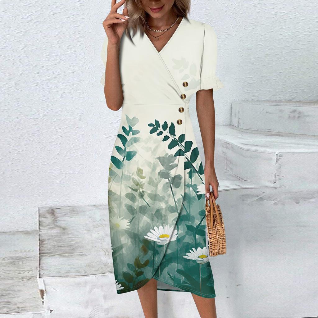 Пляжные платья для женщин, весна-лето, элегантное платье с запахом и V-образным вырезом в стиле бохо, струящееся гавайское платье макси с рюшами