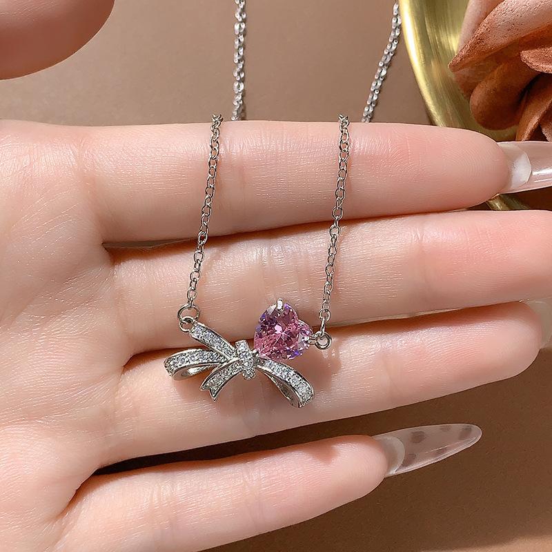 Send Girlfriend Feeling Flash Bow Necklace Niche Design Day Diamond Collarbone Chain Powder Simple Women'S Zirconium Pendant