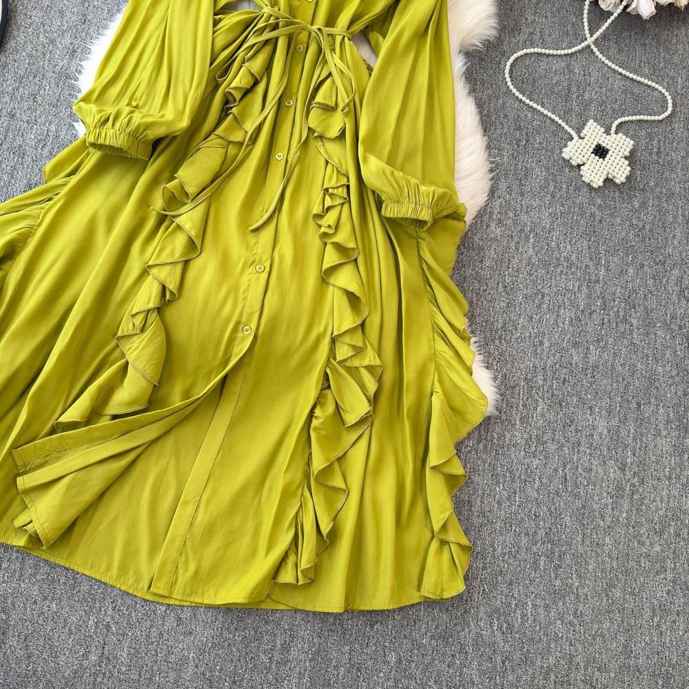 Нежный стиль, темперамент, рукава-фонарики, воротник-стойка, присборенная талия, А-силуэт, оборки по краю, шифоновое платье, элегантные большие свободные длинные платья