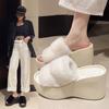 Slope Heel Thick-soled Fluffy Slippers Female Summer Wear 2024 New Fairy Wind One-word Drag Niche High-heeled Cool Slippers