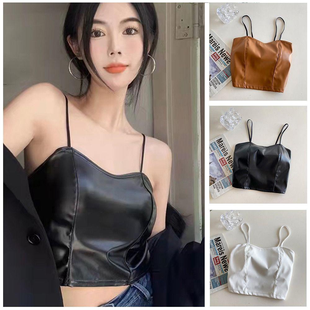 Женский топ-бюстгальтер из ПУ Camisoles Bralette Тонкая бретелька Бюстгальтер Соблазнительный и невинный Топ-майка Девочки